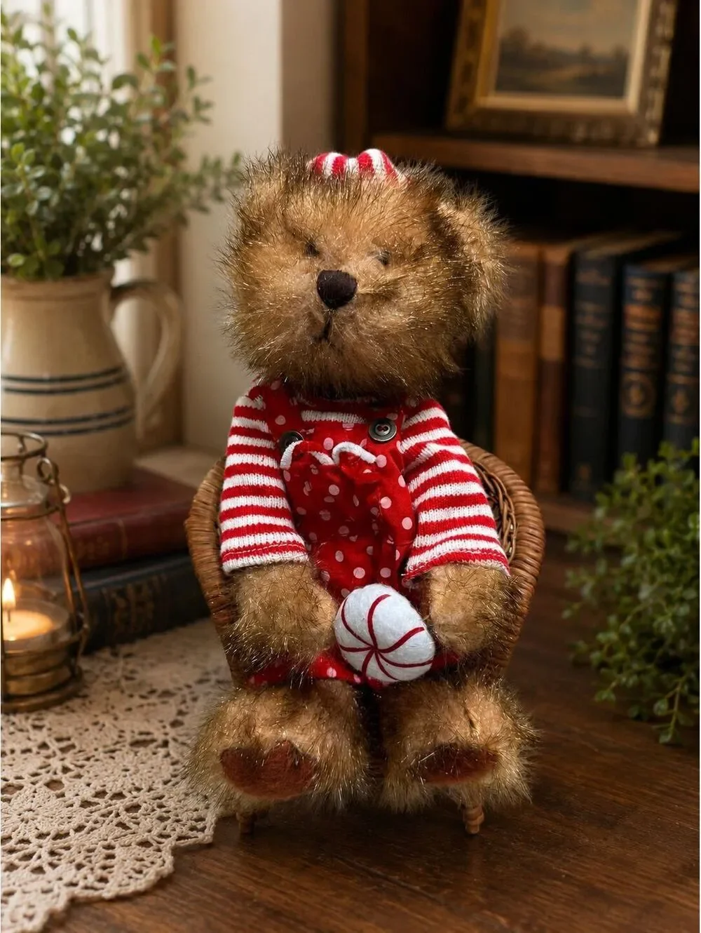 #6tb - Christmas Heartland collectible bear in a mini wicker chair